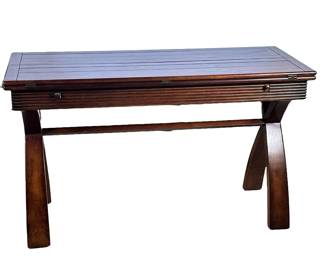 FOLDING TOP TABLE | Carved wood table having 2 folding leaves; leaf width 10in. - h. 30 x w. 40 x l. 50 in (fully extended)
