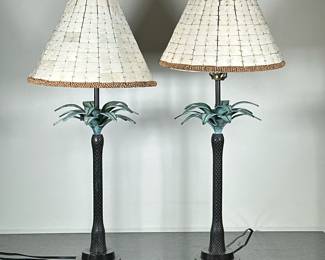 (2pc) PAIR BRASS PALM TREE LAMPS | Solid brass lamps in shape of a palm tree with mosaic stone shade. - h. 29 x dia. 12.5 in