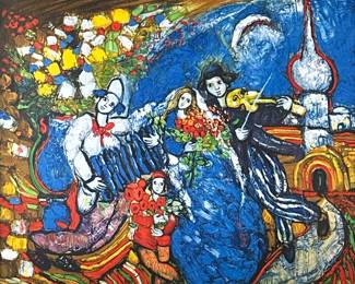 Raya Sorkine (French 1936-2022), Print | Les Musicienes eat la Marlee. Lithograph on paper. 22 x26 in. Sight. Signed lower right, numbered “262/300” lower left. - h. 33 x w. 37 in