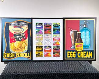 (3pc) JEWISH FOOD POP ART | Including:
”Jewish Penicillin” Manischewitz Matzo Ball Soup Artist Proof signed Marv E Lindenman
Egg Cream print signed Marv E Lindenman & numbered "85/500"
Manischewitz Soup Cans print signed "Murray Eisner" and numbered "67/500" - h. 25 x w. 19 in
