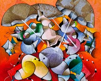 DAVID SCHLUSS (Israeli, b. 1943), SERIGRAPH | Parasol Parade. Serigraph print. 12 x 12 in. sight
Signed & numbered “192/350” on bottom, labeled on verso. -  h. 23 x w. 23 in (Frame)
