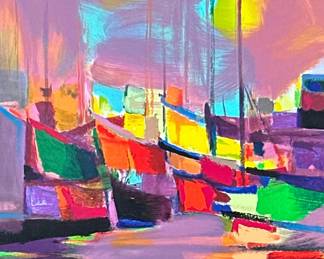 Marcel Mouly (French 1918-2008) Serigraph | Les Bateaux Jaunes. Serigraph on wove paper. 20.5 in. x 17 in. Sight. Signed lower right and numbered "85/300" on bottom, Certificate of Authenticity on verso. - h. 29 x w. 25 in (Frame)