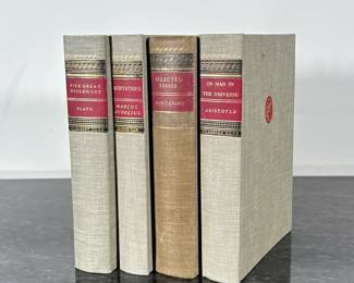 (4pc) PHILOSOPHY BOOKS | Classics Club published philosophy books including:
Plato “Five Great Dialogues”
Aristotle “On Man in The Universe”
Marcus Aurelius “Meditations”
Montaigne “Selected Essays” - h. 7.75 x w. 5.5 in
