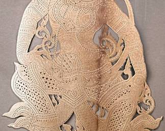 FRAMED ANIMAL HIDE ARTWORK | Oriental figure cut from animal hide and mounted in frame.  - h. 58 x w. 41 in (Frame)
