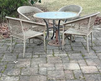 (5pc) WICKER PATIO SET | Wicker patio outdoor dining set including: round glass top table, and 4 round back wicker chairs. - h. 29 x dia. 43 in (table)
