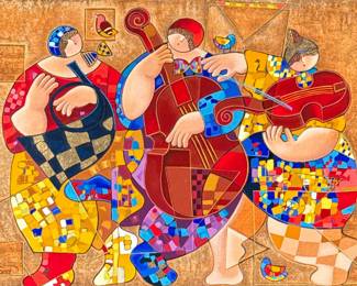 DORIT LEVI (Israeli b. 1952) SERIGRAPH | Musicians at the Fair. Serigraph on canvas. 26.5 x 36.5 in. sight
Print signed lower left. - h. 38 x w. 48 in (Frame)
