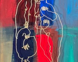 MARK KANOVICH (Georgian/Israeli b. 1970), MIXED MEDIA | Lovers Stance. Oil paint & metal sculpture mixed media. 28 x 16 in sight. Signed lower right, labeled on verso. - h. 35 x w. 23 in (frame)
