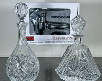 (3pc) Cut Glass Decanters & Wine Opener | Including: 2 cut glass decanters and NIB wine opener. -  h. 12.5 x dia. 5 in (tallest)
