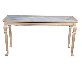 WOOD & GLASS CONSOLE TABLE | Carved wood console table with inlay beveled glass top. -  h. 28 x w. 54 x d. 17 in