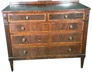 BERKLEY & GAY DRESSER | Carved wood Berkeley & Gay Furniture dresser having 2 split-width drawers over 3 full drawers with fluted sides and brass pulls. - h. 39 x w. 46 x d. 22 in
