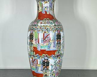 LARGE ASIAN VASE | Large vase decorated with various scenes, flowers & butterflies, and gilt accents. - h. 24 x dia. 10 in
