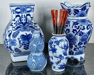 (4pc) Blue & White Asian Porcelain | Including: 2 large vases, double gourd vase, and small vase with 12 chopsticks. - h. 10 x dia. 7 in (tallest)


