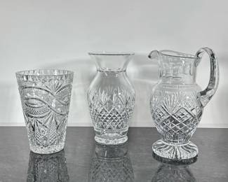 (3pc) Crystal Vases and Pitcher | Including; two carved and etched vases, and water/juice pitcher. -  h. 11 x w. 7 in (pitcher)
