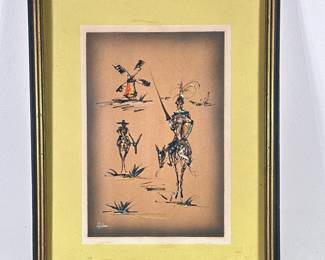 DON QUIXOTE STYLE ART | Don Quixote y Sancho
Paint on pape. 12 x 8 in. Sight. Signed lower left. - h. 18.5 x w. 14.5 in (Frame)