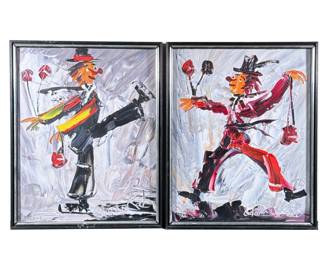 (2pc) Clown Wall Art | Palate Knife paintings of complimentary clowns, signed by artist Katz. - h. 21 x w. 17 in