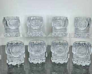 (8pc) GERMAN CUT CRYSTAL GLASSES | Eight unique heavy cut crystal scotch/high ball glasses with historical figure carved on each. - h. 4.5 x dia. 3.5 in
