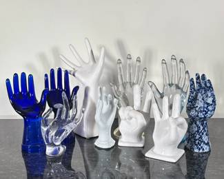 (10pc) HANDS | Mixed lot of ceramic, glass, and plastic hands. - h. 11 x w. 3.5 x l. 6 in (largest)

