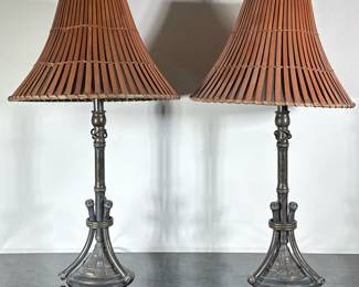 (2pc) Bamboo Inspired Lamps | Matching end table lamps with metal base and bamboo type shade.  - h. 28.5 x dia. 16 in (shade at bottom)