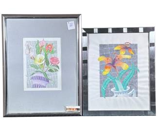 (2pc) HERSCHLAG FRAME STILL LIFE'S | Floral on Grey Tile. Watercolor on paper. 13.5 x 9.5. Signed & dated on bottom, titled on verso. - h. 26 x w. 20 in

