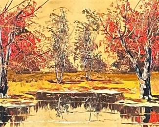 MORRIS KATZ (1932-2012) | Autumn Reflections. Oil on board. 15.5 x 37.5 in. Board. Signed lower right, labeled on frame. -  h. 21 x w. 43 in (Frame)