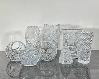 (8pc) MIXED CUT CRYSTAL & GLASS | Including: Four cut glass & crystal vases, bell, and 3 handled bowls. - h. 10 x dia. 5 in (tallest)
