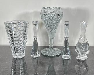 (5pc) Glass Vases and Candle Stick Holders | Including; Imperial Cut glass tulip shape vase, Contemporary glass vase, twisted bud vase, and pair of candlesticks. - h. 12 x dia. 6 in (Large Tulip Shape vase)