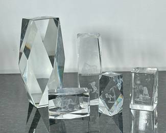 (5pc) CUT GLASS PAPERWEIGHTS | Mixed lot of cut glass & etched paperweights. - h. 7.25 x w. 4.5 x l. 4.5 in (largest)

