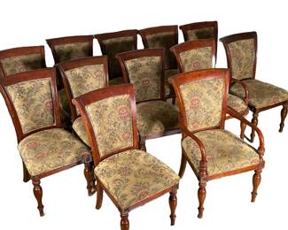 (12pc) BOMBAY DINING CHAIRS | Including: 2 armchairs & 10 side chairs with curved back, spindle carved legs, and floral upholstery. -  h. 41 x w. 23 x d. 24 in (armchair)