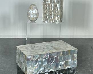 (3pc) MOTHER OF PEARL BOX & OTHER | Including: large mother of Pearl covered box, mother of Pearl egg, and smaller mother of Pearl box. - h. 2.5 x w. 4.5 x l. 7 in (largest)