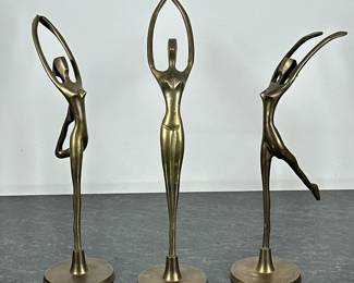 (3pc) BRASS DANCER FIGURINES | Set of 3 brass figures in dancing poses. - h. 12.25 x w. 5 in
