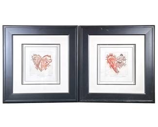 (2pc) ALFRED GOCKEL (German, b. 1952) PRINTS | Heart of Passion & Heart of Harmony. Print. 11 x 10.5 in sight. Both signed, titled, and numbered “27/120” on bottom, labeled on verso. - h. 26 x w. 25 in (Frame)