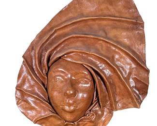 3D Leather Wall Art | Formed face wrapped in scarf constructed out of leather.  Hand made.  - h. 18 x w. 16 in