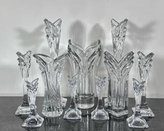 (11pc) Mikasa Crystal | Matching candle stick holders in small, medium and large.  Two matching vases.  A large vase with Label from W. Germany.  - h. 12.5 x w. 3.25 in (h. 9.5 in. x w. 5 in. Large vase)
