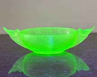 URANIUM GLASS BOWL | Uranium or Vaseline glass bowl with bird-form handles. -  h. 4 x w. 5.75 x l. 13.5 in
