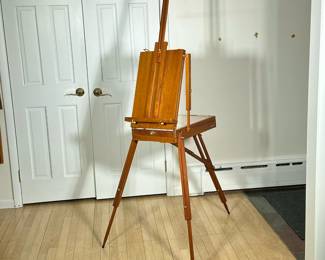 WOODEN FOLDING ART EASEL | Wooden folding and travel art easel including collapsible legs, adjustable height, all packs into a 20 x 16 x 4 in. Box. - h. 70 x w. 30 x d. 40 in (fully

