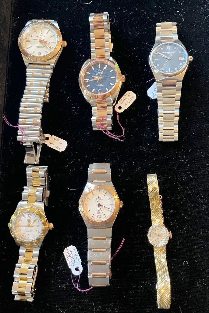 Luxury Watches, Omega Seamaster, Breitling Chronomat, Omega Constellation Manhattan, Tag Heuer, Frederique Constant Highlife, Elgin 14K w Diamonds