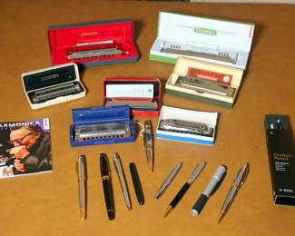 Several harmonicas & Vintage Pens