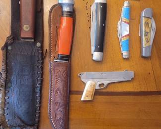 Assortment of Pocket and fixed blade knives.  (Solingen, Buck Creek, Kissing Crane-Rob Klaas, Owl Head)