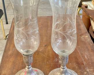 Beautiful antique carved crystal hurricane candle holders 