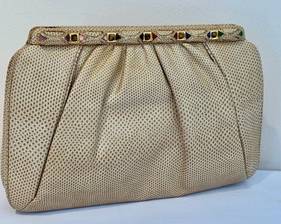 Judith Leiber Karung Snakeskin Beige Handbag with Gemstones 

Beautiful design! Use as a clutch or handbag. 

Measures about 9.5" x 6.5" 