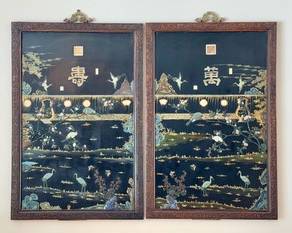 Pair of Large Chinese Black Lacquer Inlaid Wall Panels 

Gorgeous, detailed design accented with jade and other natural stones. 

Impressive size, each panel measures 31.5" x 47.5" 