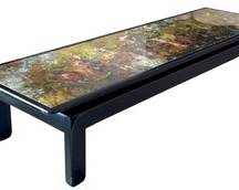 Stunning Mid Century Modern Coffee Table / Stunning Mid Century Modern Coffee Table / Chinese Funeral Screen on Gold Leaf Mounted in Table 

Unique and amazing! So many words can describe this truly work of art coffee table. This table is in good, vintage condition with some light wear including slight paint loss on the black trim. 

Measures 81" x 24" x 16" 