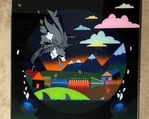 "Family of Sharks Trout Fishing" Lacquer Back Sprayed on Plexiglass Art by Richard T. Brewer 

Measures 36 x 36 inches.