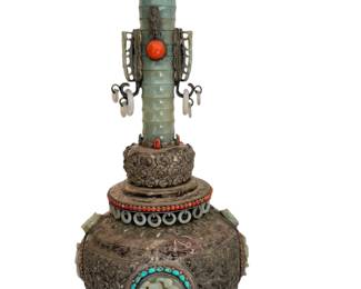 Vintage Chinese Mongolian Vase 

Stunning and intricate design featuring natural stones and carved jade or serpentine accented with turquoise and coral. 

Measures 20" h 