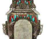 Antique Silver Chinese Lidded Vessel with Carved Jade Details 

Features a gorgeous jade/carved hard stone detailed design paired with natural stones. 

Measures about 12 inches tall 