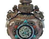 Large Vintage Chinese Mongolian Snuff Bottle 

Beautifully designed with jade or serpentine stone, turquoise and coral 

Measures 13.5" tall 