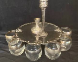 Weighted Sterling Candlestick,Bud Vase, Dorothy Thrope MCM Glasses Silver Plate Cake Stand