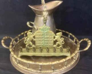 Vintage Brass 9 Arm HANNUKIAH Lions of Judah,Tablets Brass Glass Tray, Dutch Brass Pitcher