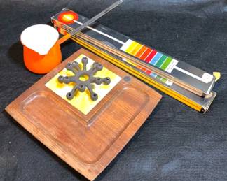 Dansk Candle Holder, Candles, Wood Tray With Tile Inlay Enamel Butter Warmer