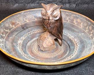 Carved Iron Wood Owl In A Stamped Metal Bowl